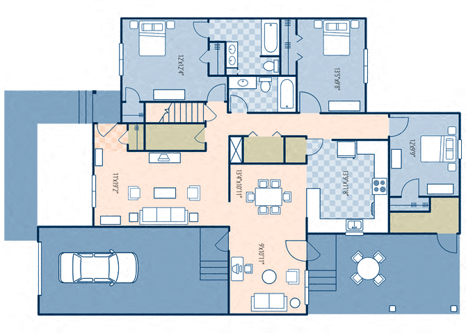 Floor plan for 3 beds, 2 baths, 1350 sqft